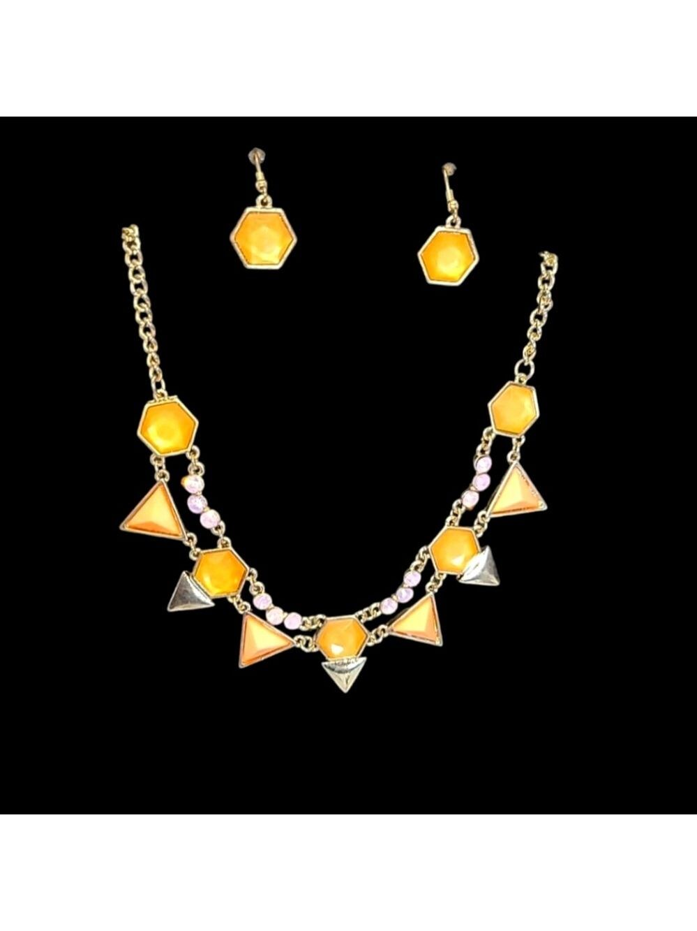 Francesca's Collection Pink Orange & Gold Tone Necklace & Earring Set